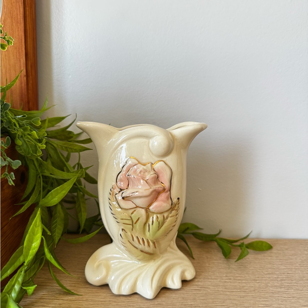 Vintage Cream Vase with Pink Rose Design